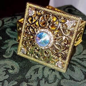 Gold Trinket Box with AB Rivoli Crystal Stone Accent